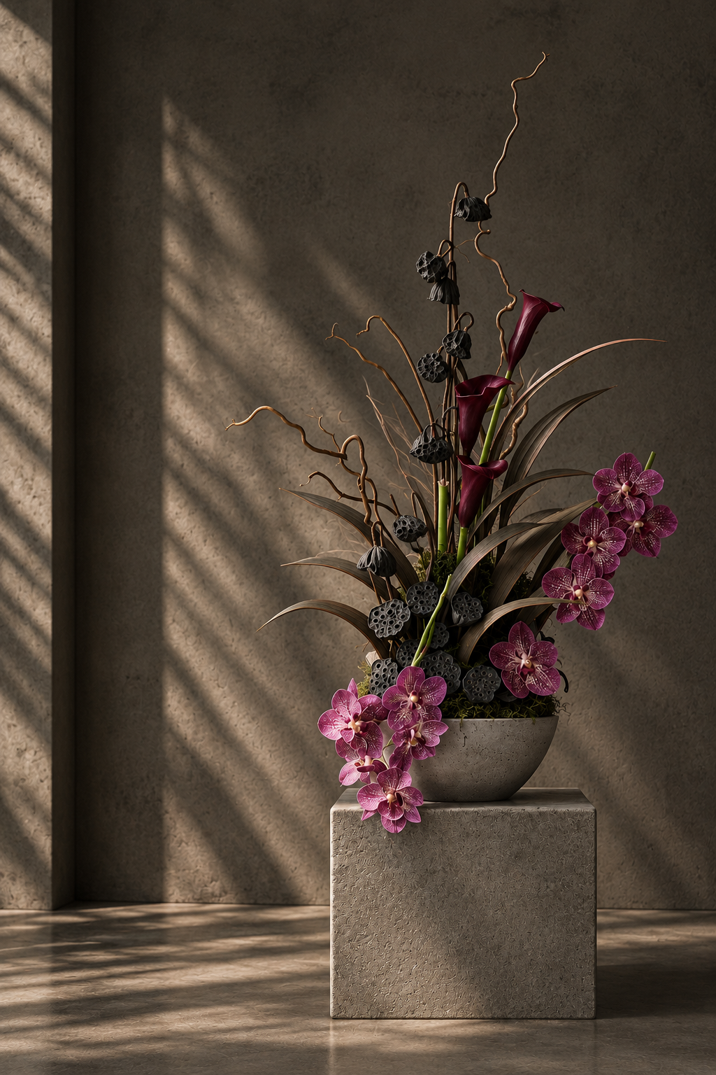 Karanlık bir galeride bordo anthurium floral sanat yerleştirmesi